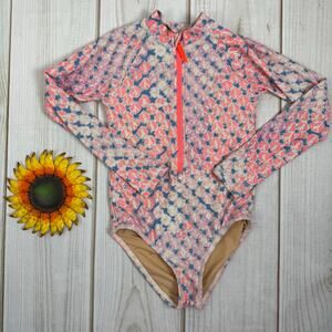 Crewcuts‎ Girls Rash Guard Swimsuit Size 6-7 Pink Blue Tie Dye UPF 50+